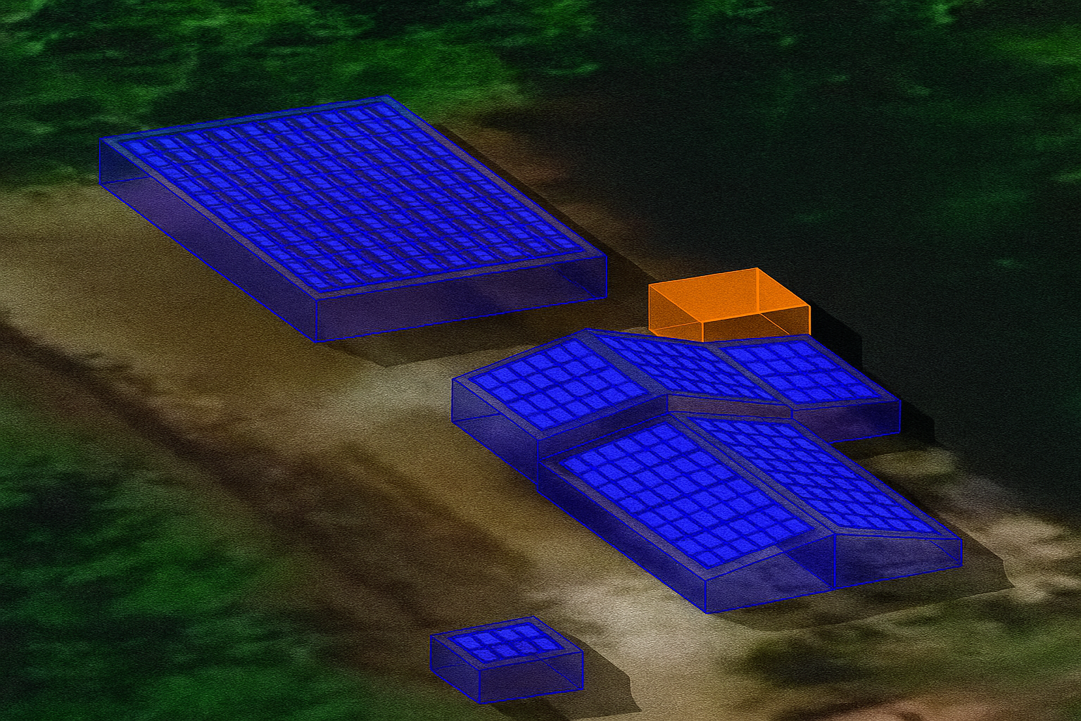 Rows of solar panels near forest edge