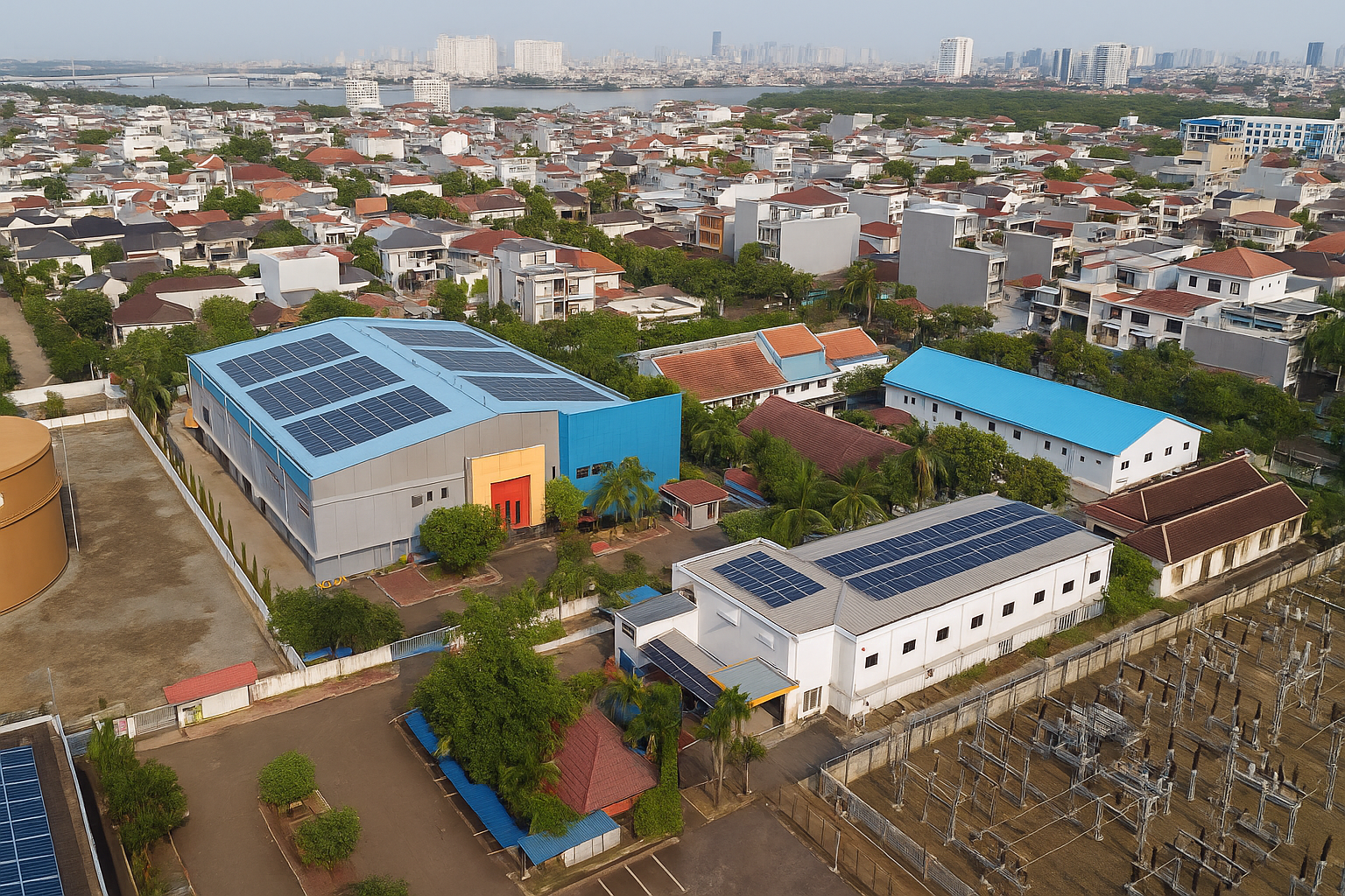 Solar PV field near coastal power plant infrastructure